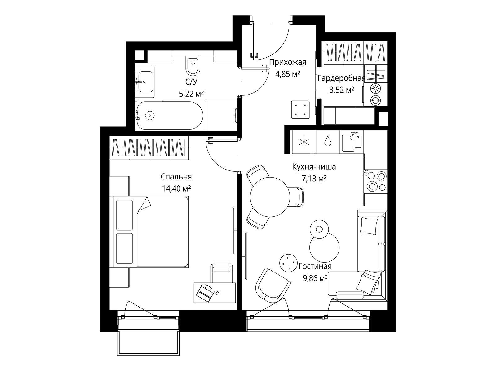 Планировка: 1-комн. квартира 44.98 м² в новостройке Мыс
