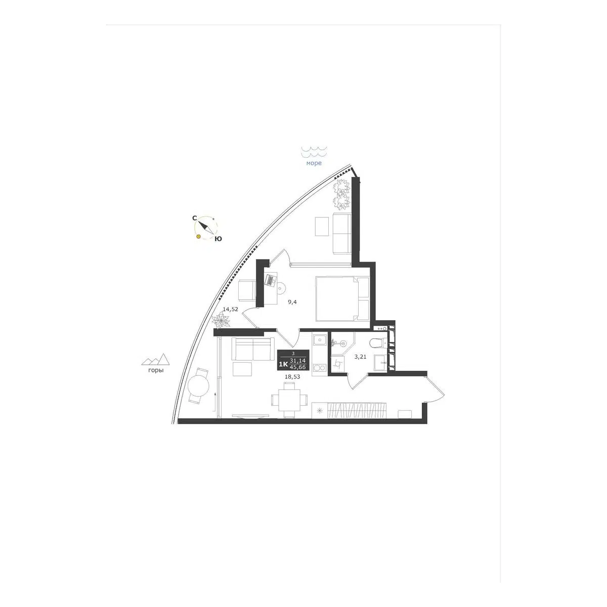 Планировка: 1-комн. квартира 45.66 м² в новостройке Паруса мечты