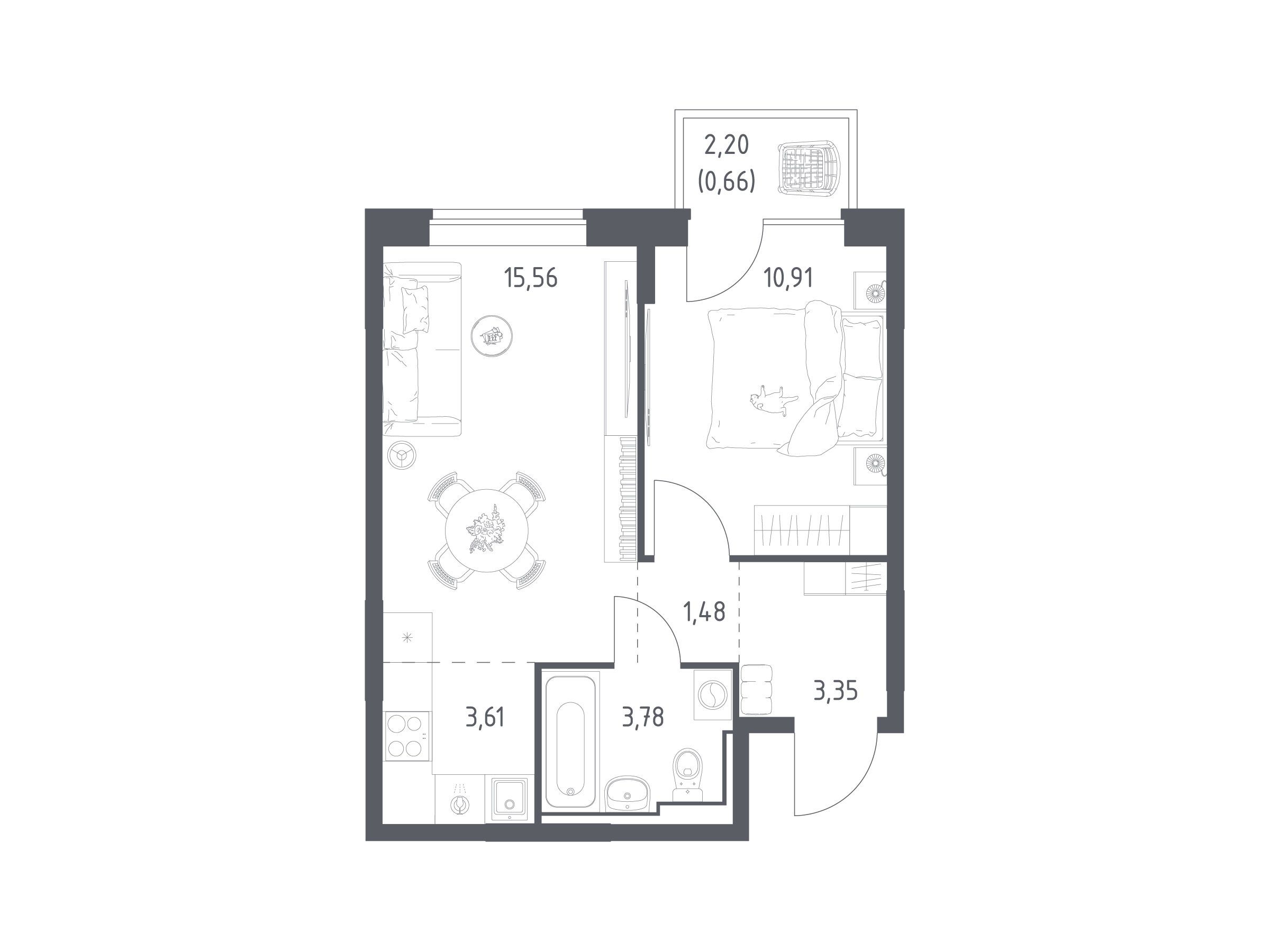 Планировка: 1-комн. квартира 39.30 м² в новостройке Богдановский Лес