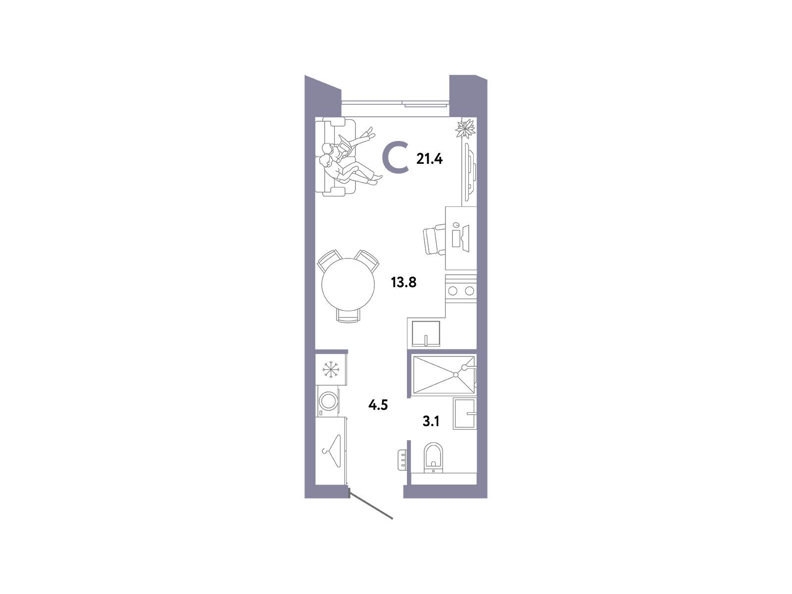 Планировка: 1-комн. квартира 21.40 м² в новостройке Страна. Заречная
