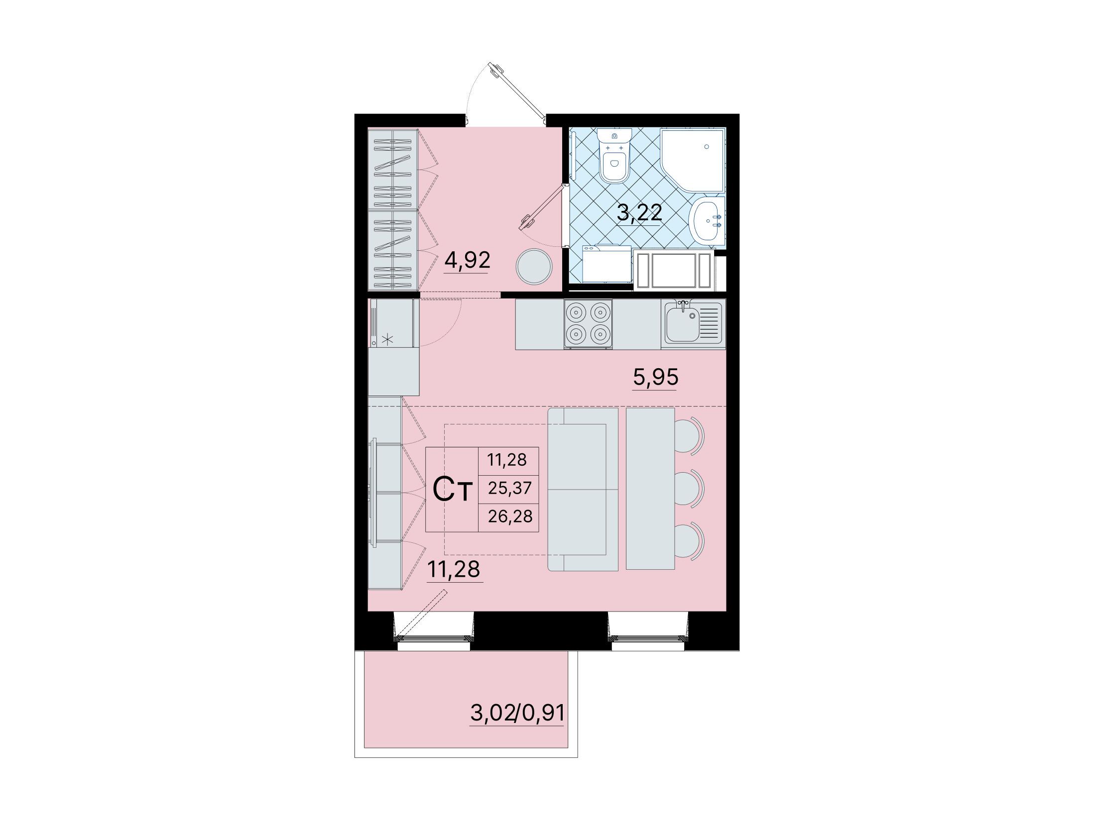 Планировка: Студия 26.30 м² в новостройке Северный меридиан