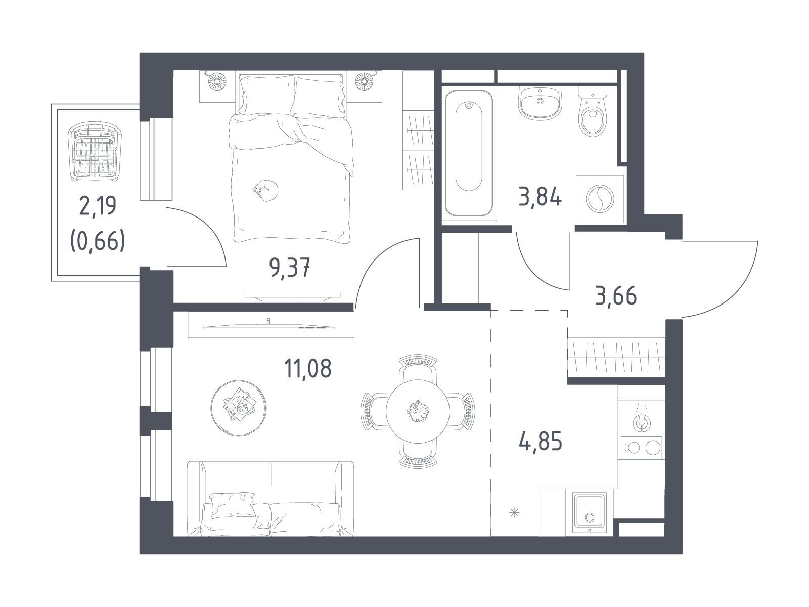 Планировка: 1-комн. квартира 33.46 м² в новостройке Новое Видное