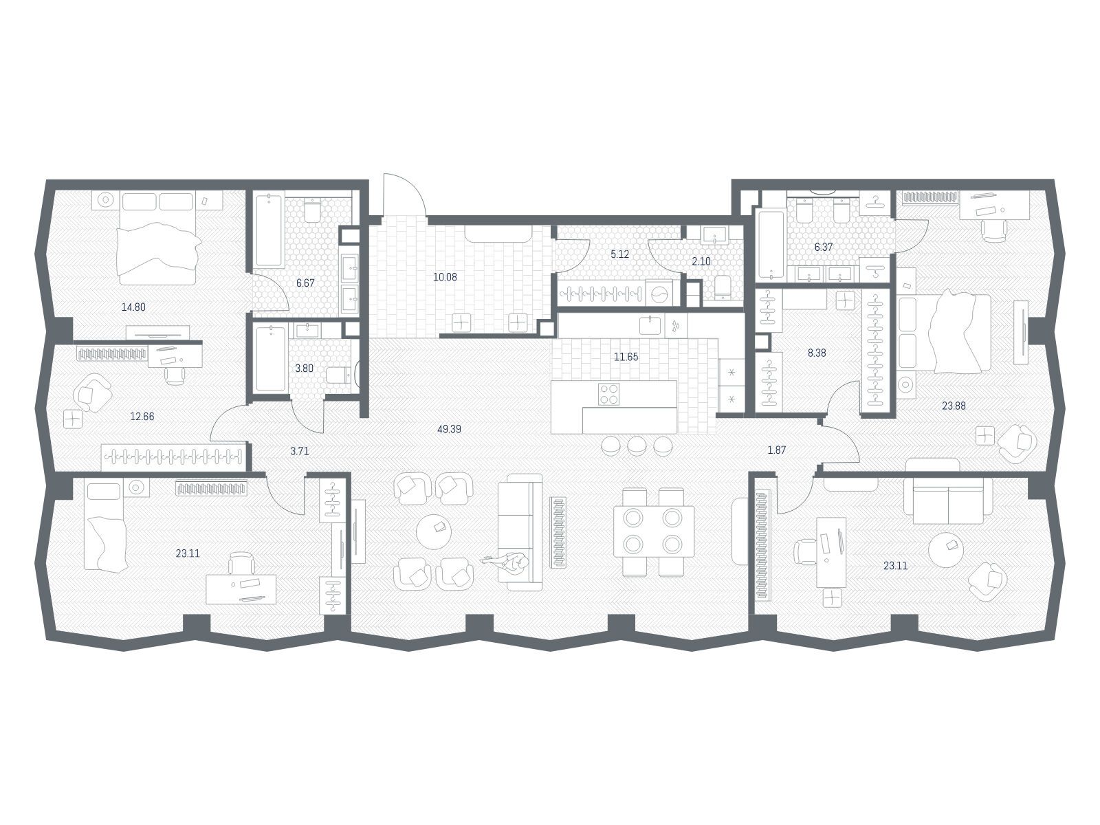 Планировка: 4-комн. квартира 206.56 м² в новостройке Тейт