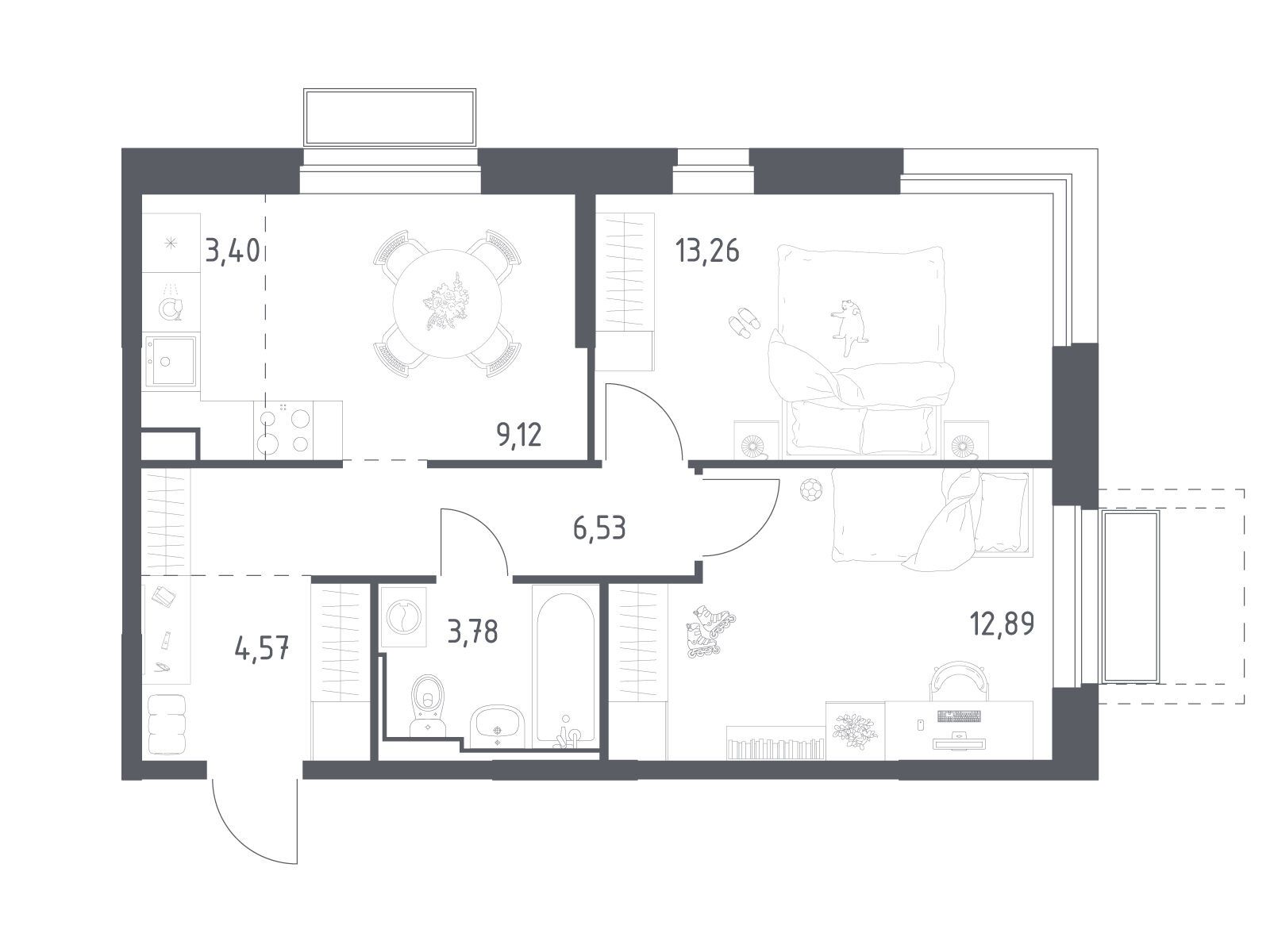 Планировка: 2-комн. квартира 53.55 м² в новостройке Долина Яузы