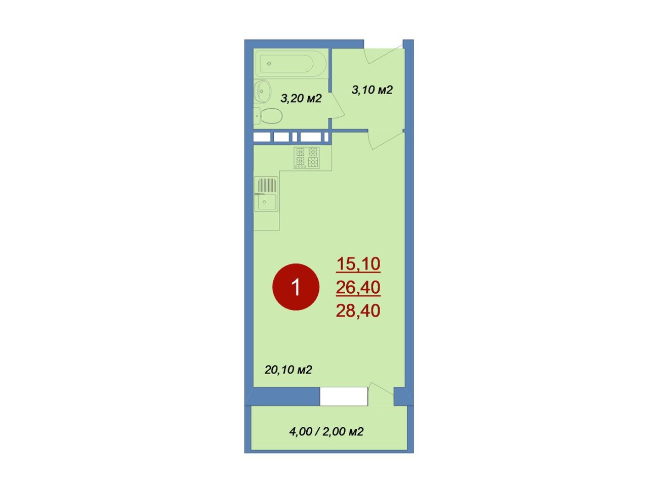 Планировка: Студия 28.40 м² в новостройке Новые Островцы