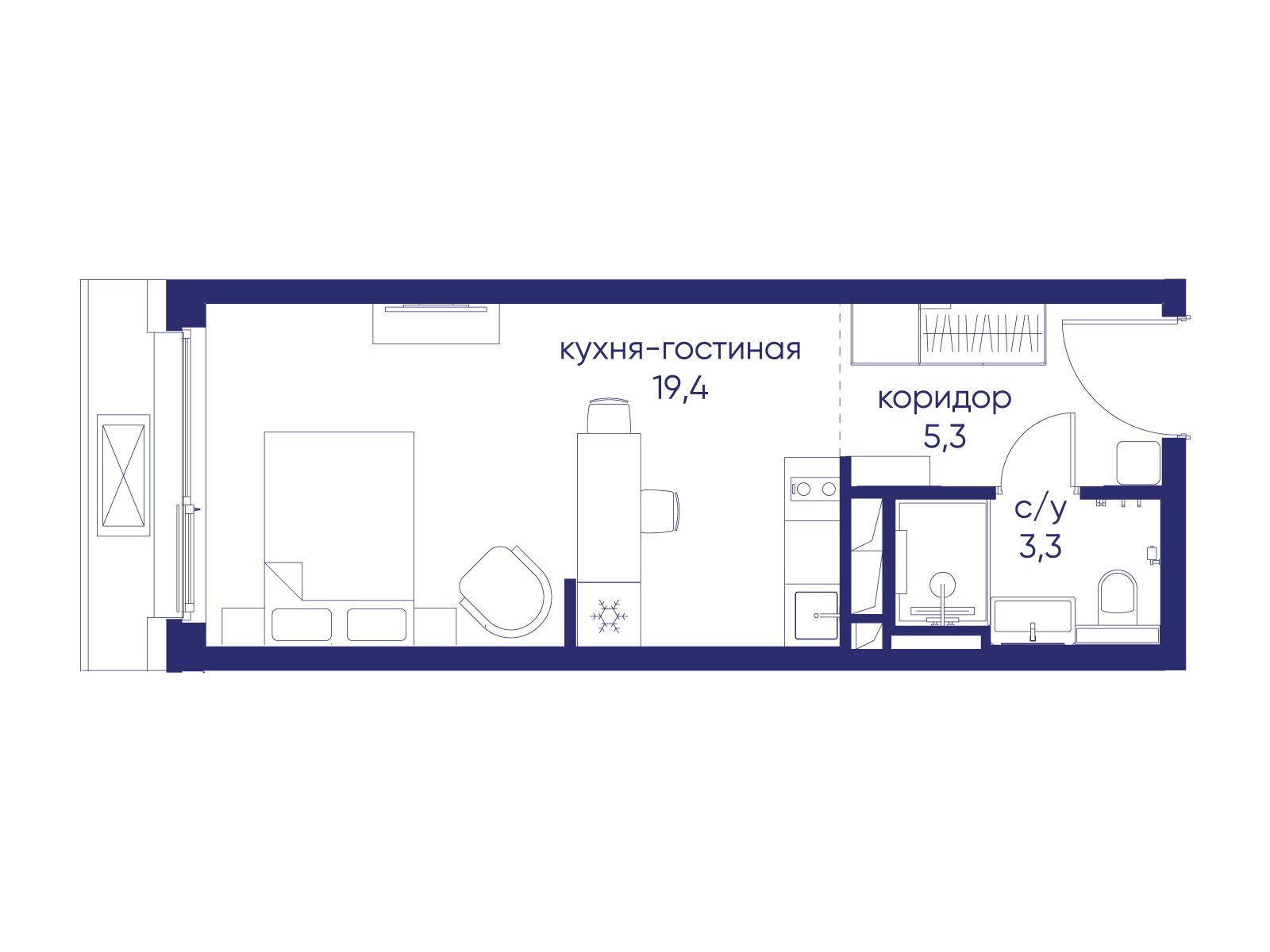 Планировка: Студия 28.00 м² в новостройке Остров