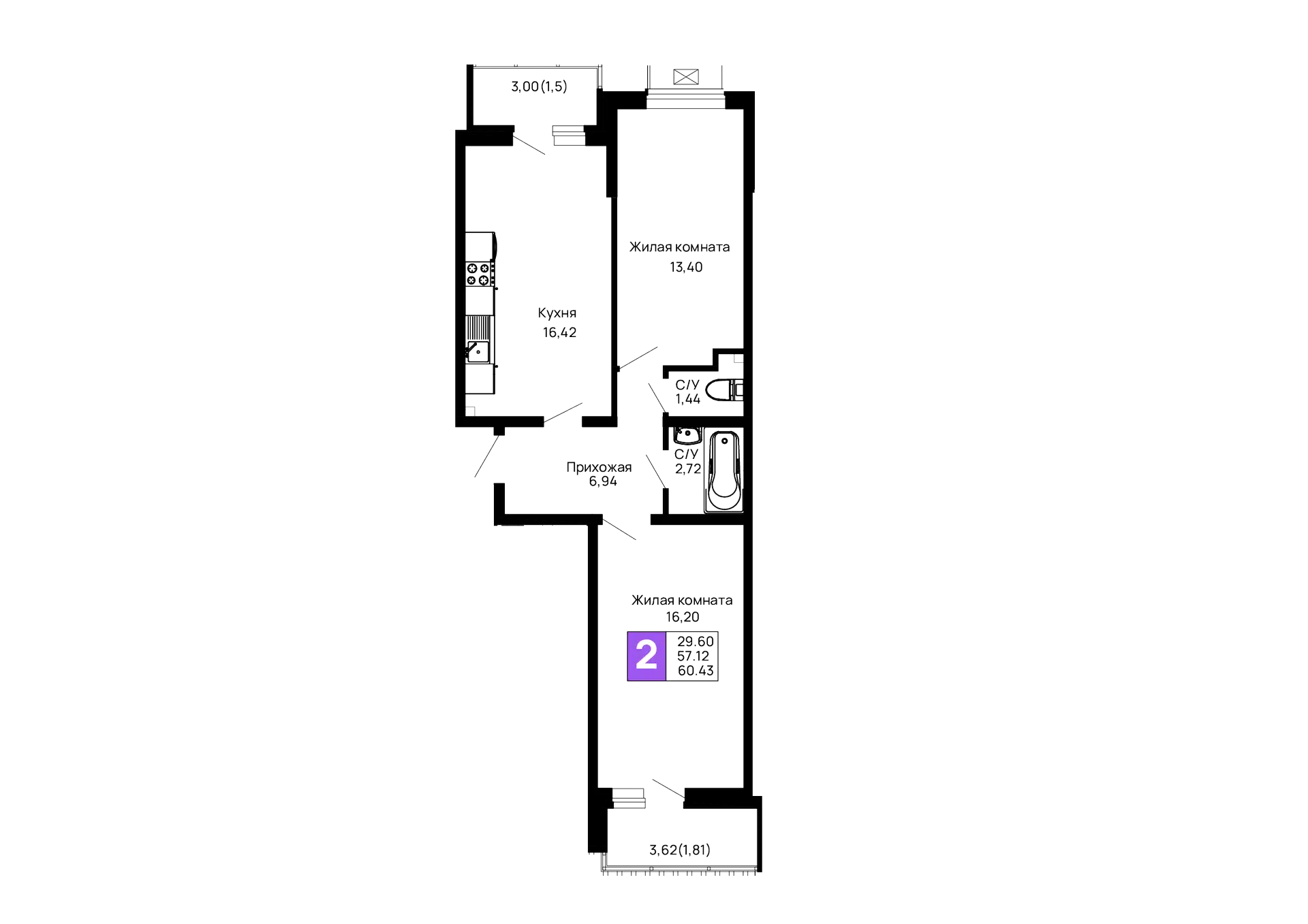 Планировка: 2-комн. квартира 60.43 м² в новостройке Долина