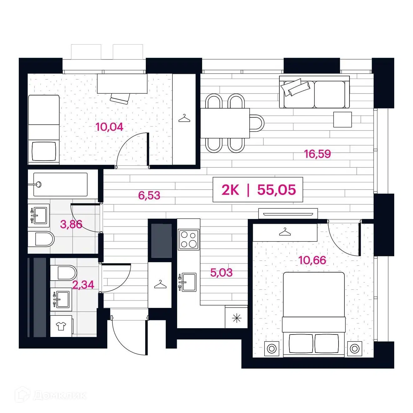 Планировка: 2-комн. квартира 55.12 м² в новостройке Пушкина