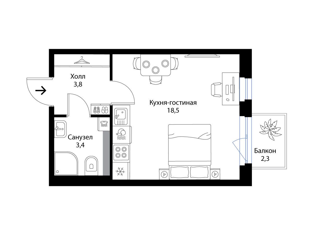 Планировка: Студия 26.40 м² в новостройке Экография