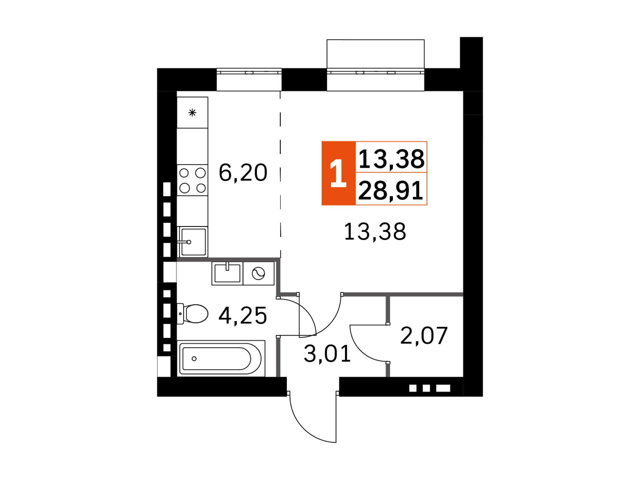 Планировка: Студия 28.91 м² в новостройке Жаворонки Клаб