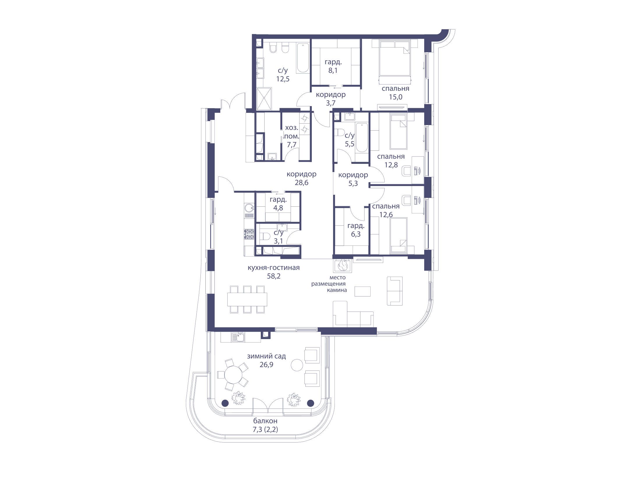Планировка: 3-комн. квартира 213.30 м² в новостройке Река