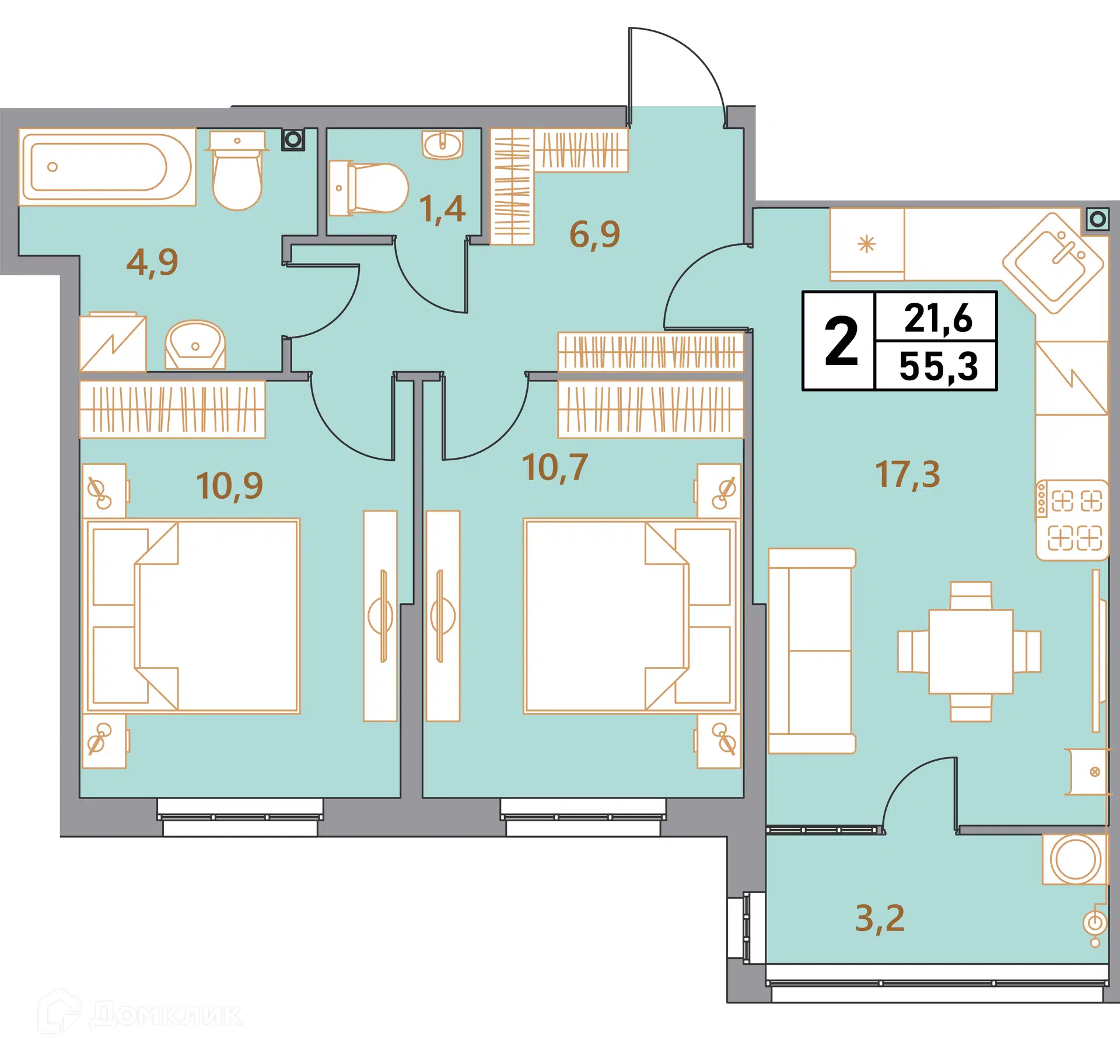 Планировка: 3-комнатная квартира 55.30 м² в новостройке Фруктовый сад