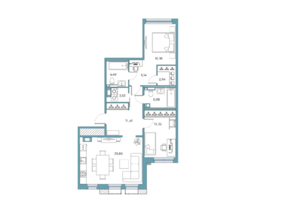 Планировка: 2-комн. квартира 75.42 м² в новостройке Взлетная 16