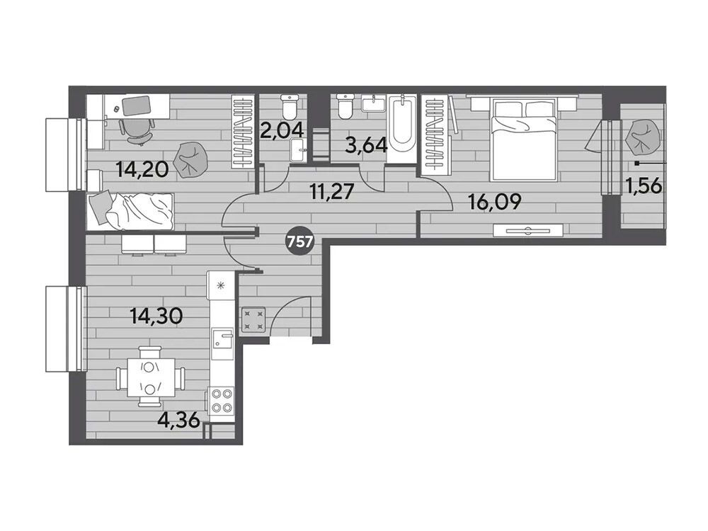 Планировка: 2-комн. квартира 67.46 м² в новостройке Публицист