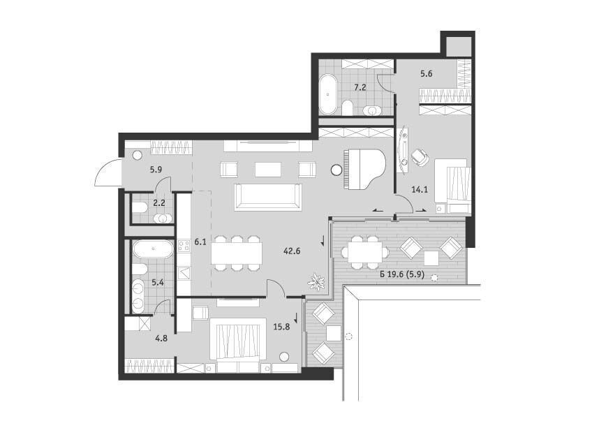 Планировка: 3-комн. квартира 115.60 м² в новостройке Бадаевский