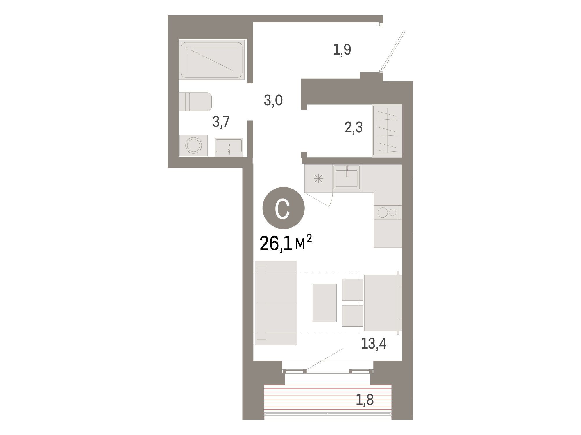 Планировка: Студия 26.10 м² в новостройке Метроном