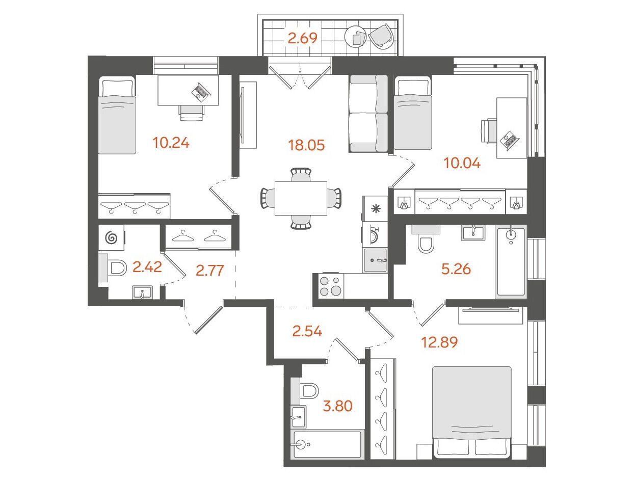 Планировка: 3-комн. квартира 68.80 м² в новостройке STAVNI Обводный