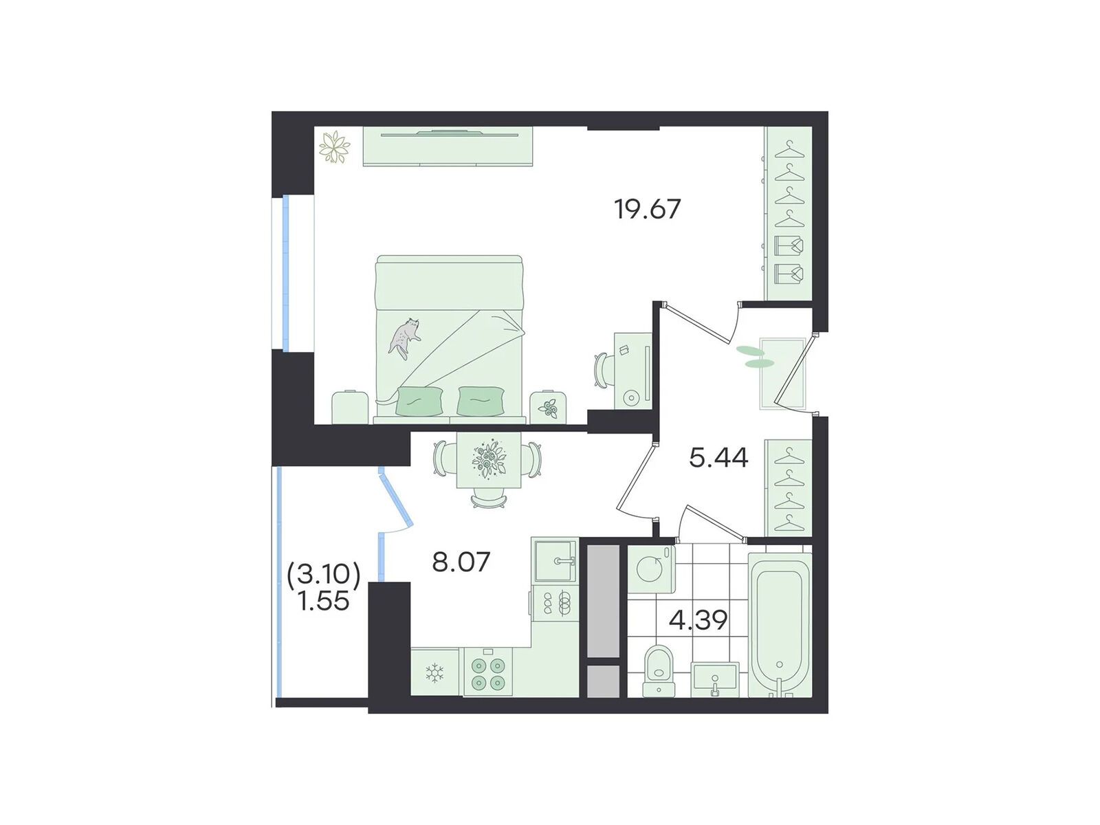 Планировка: 1-комн. квартира 39.12 м² в новостройке ЖК Джи Три Новый Весенний