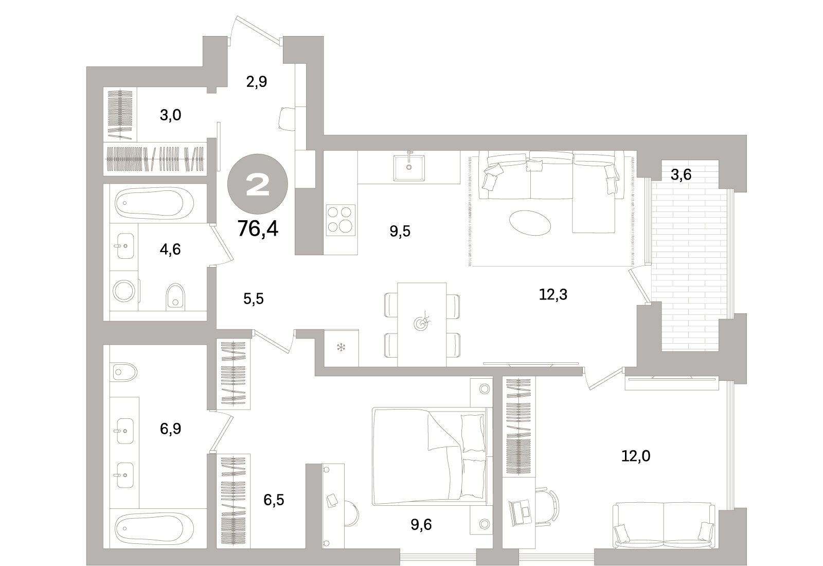 Планировка: 2-комн. квартира 76.40 м² в новостройке Северный ветер