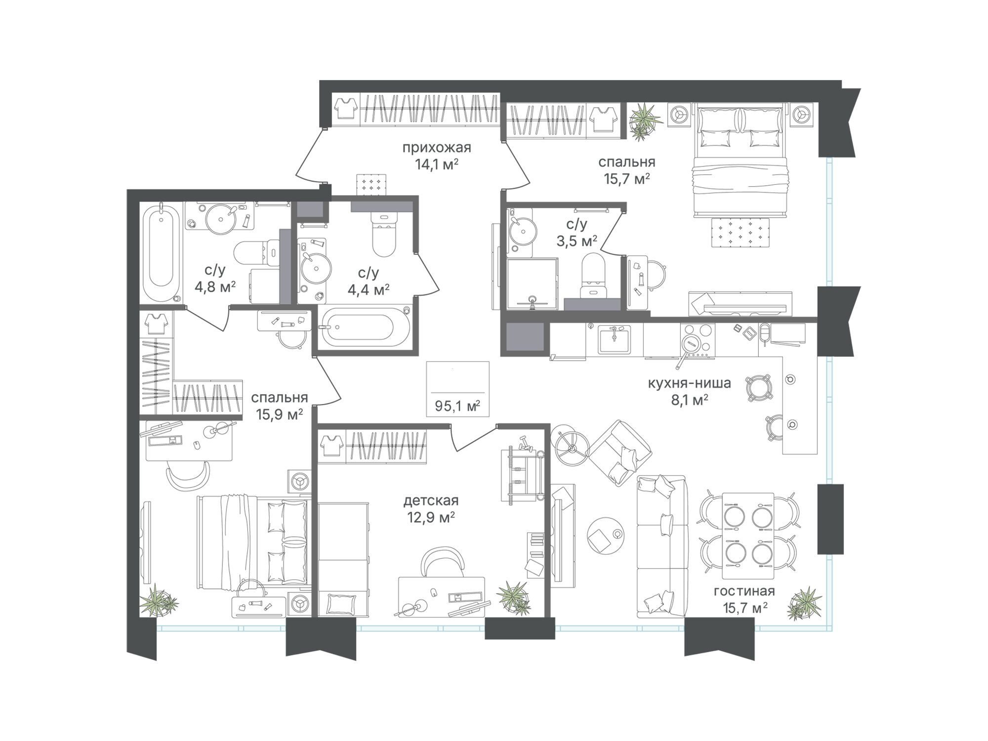 Планировка: 3-комн. квартира 95.10 м² в новостройке ЖК Петровский парк II