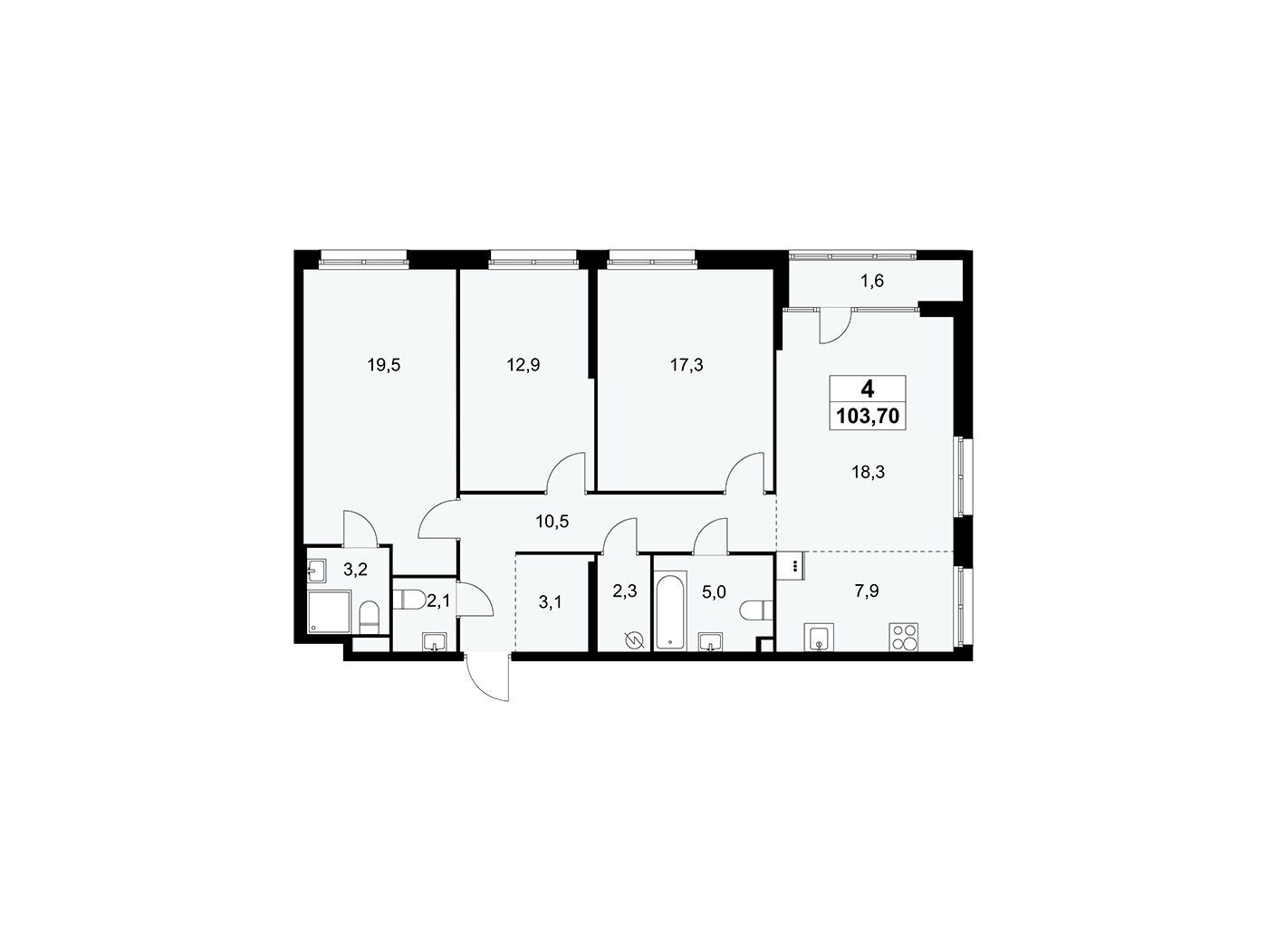 Планировка: 4-комн. квартира 104.40 м² в новостройке Дом на Зорге