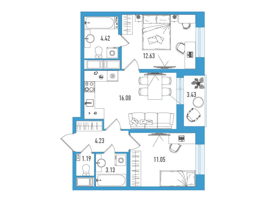 Планировка: 2-комн. квартира 54.45 м² в новостройке Искра Сити