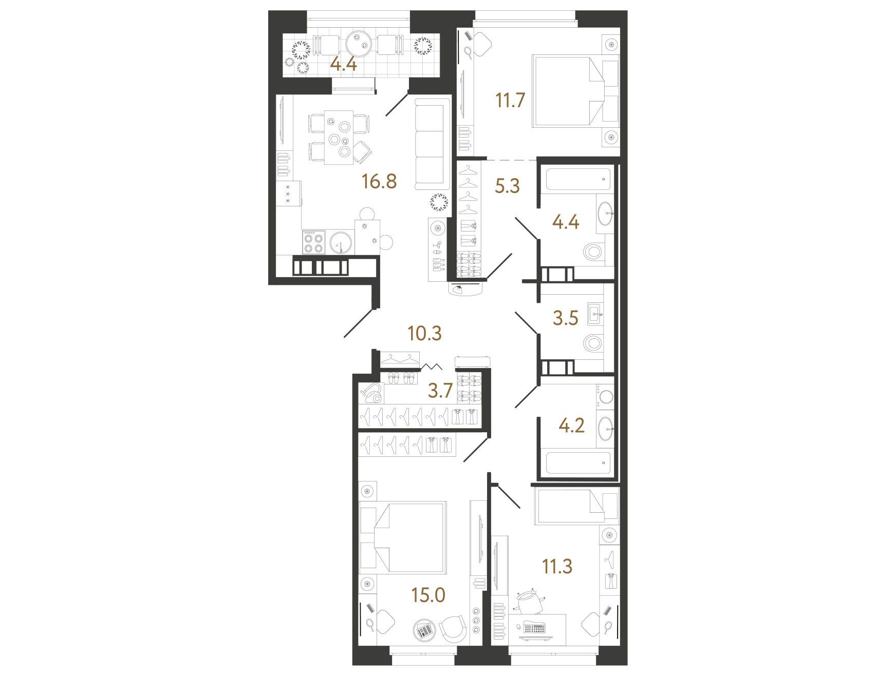 Планировка: 3-комн. квартира 86.00 м² в новостройке Куинджи