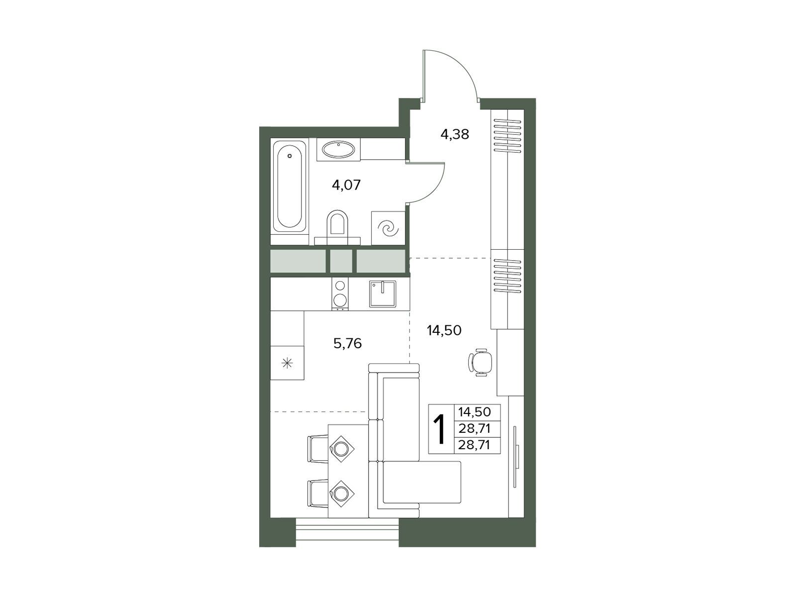 Планировка: 1-комн. квартира 28.71 м² в новостройке Городской бор