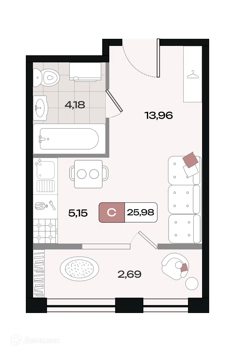 Планировка: Студия 25.98 м² в новостройке Коллекция