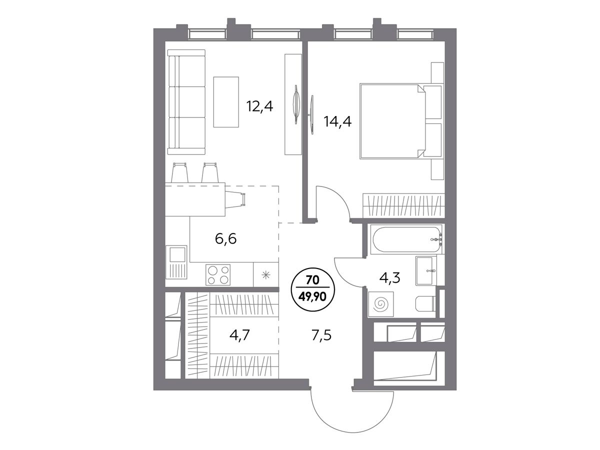 Планировка: 1-комн. квартира 49.90 м² в новостройке Дом 56