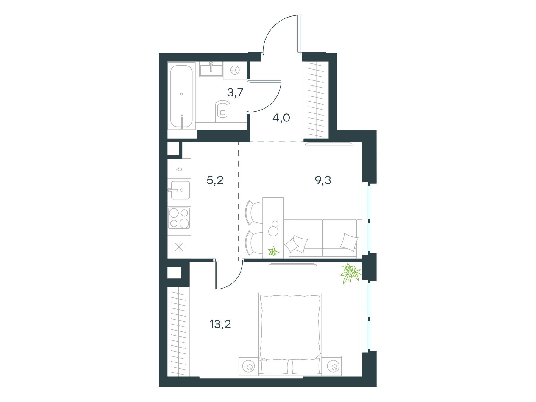 Планировка: 2-комн. квартира 35.40 м² в новостройке Левел Мичуринский
