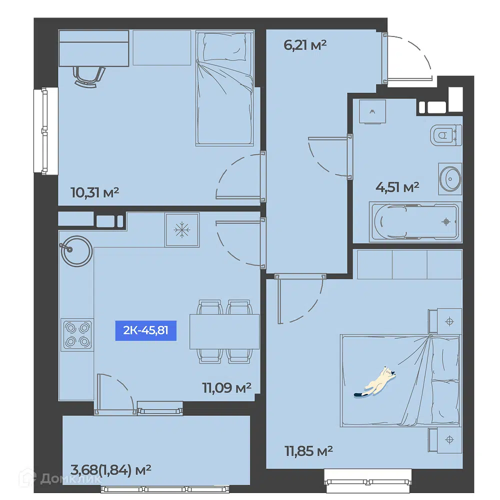 Планировка: 2-комн. квартира 45.81 м² в новостройке Соловей