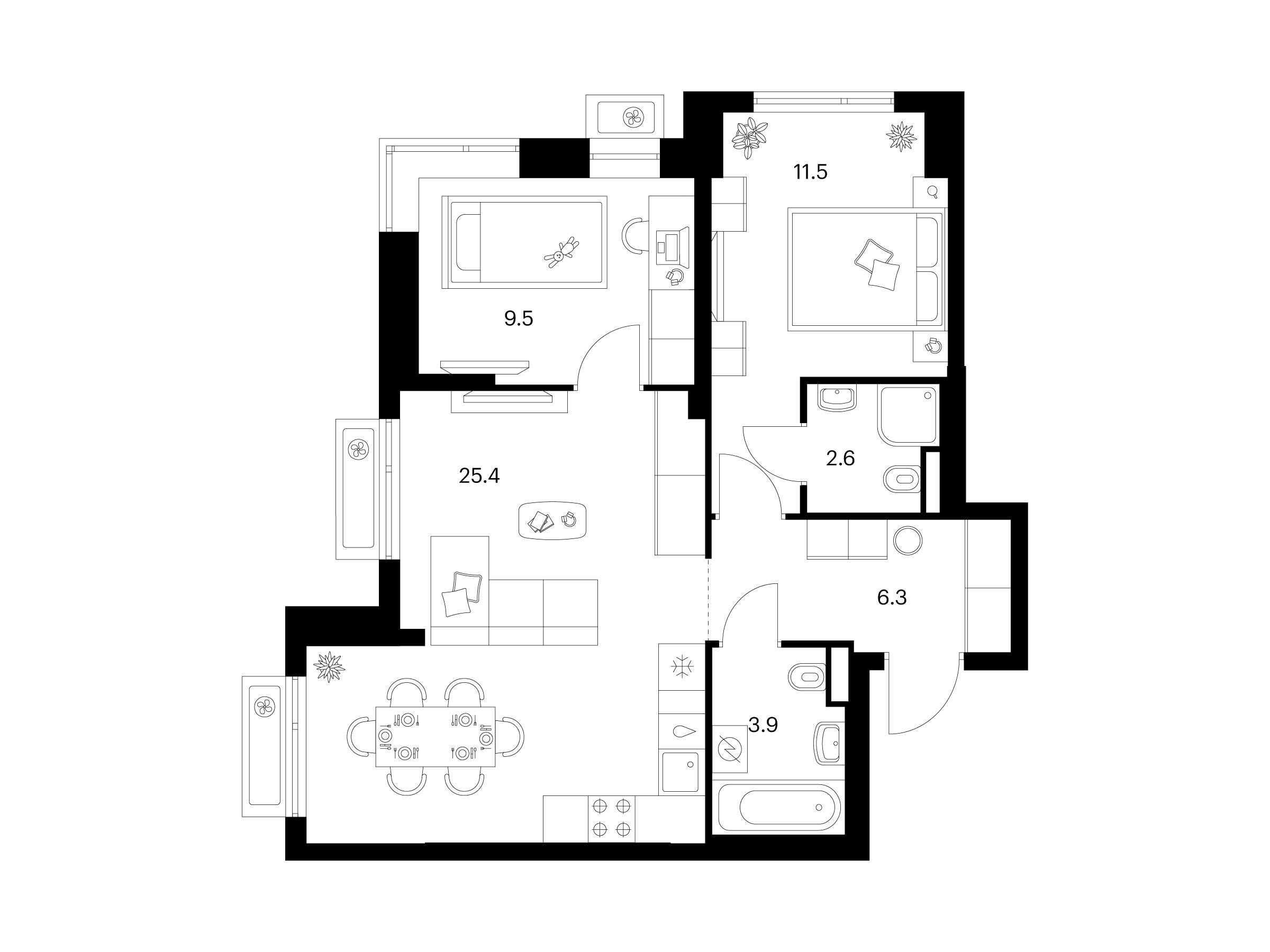 Планировка: 2-комн. квартира 59.20 м² в новостройке Середневский лес