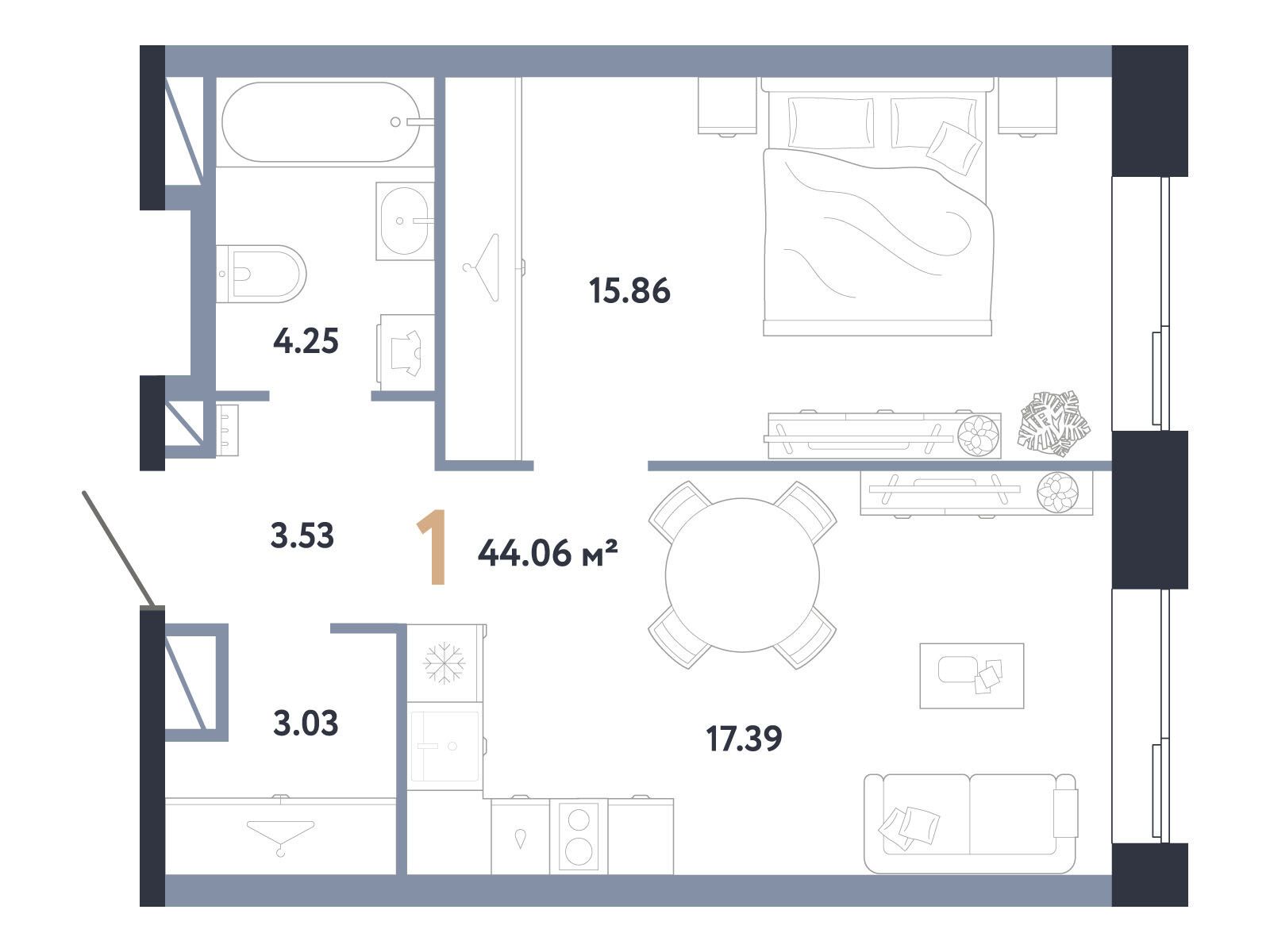 Планировка: 1-комн. квартира 44.06 м² в новостройке Репаблик