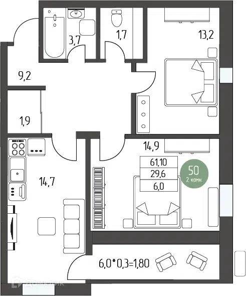 Планировка: 2-комн. квартира 61.10 м² в новостройке Лермонтов