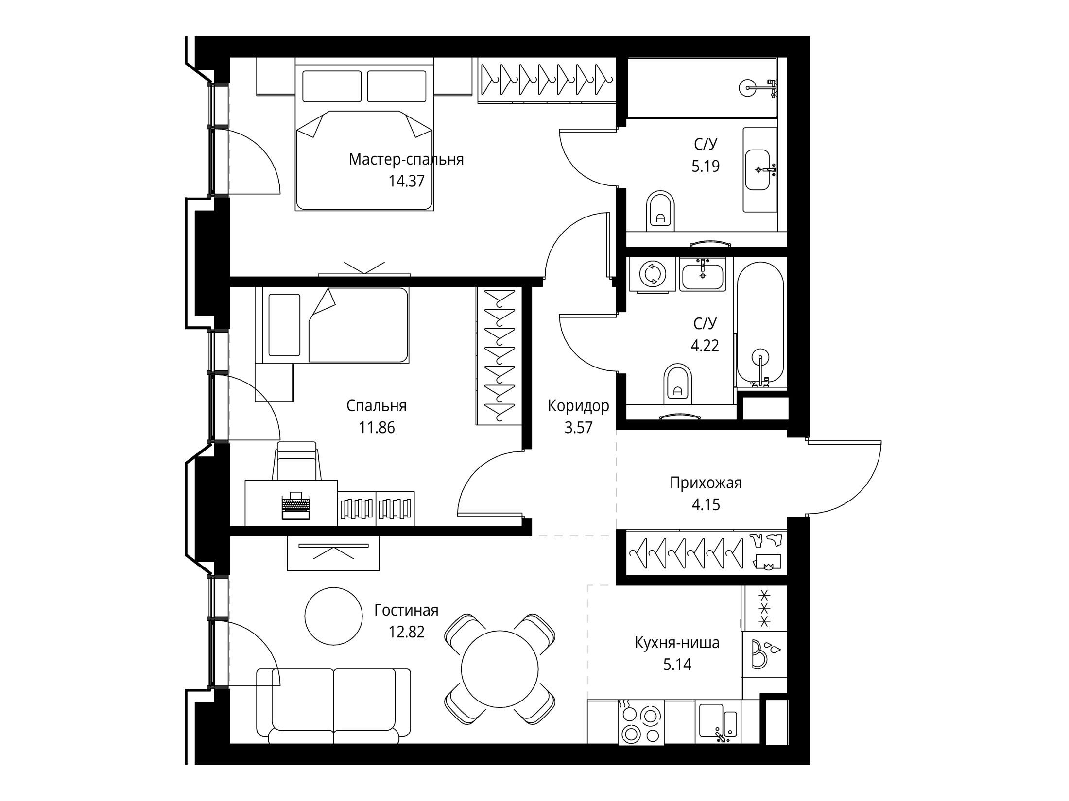 Планировка: 2-комн. квартира 61.32 м² в новостройке Мира