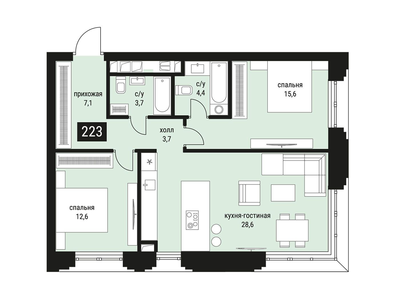 Планировка: 2-комн. квартира 75.70 м² в новостройке Шелепиха