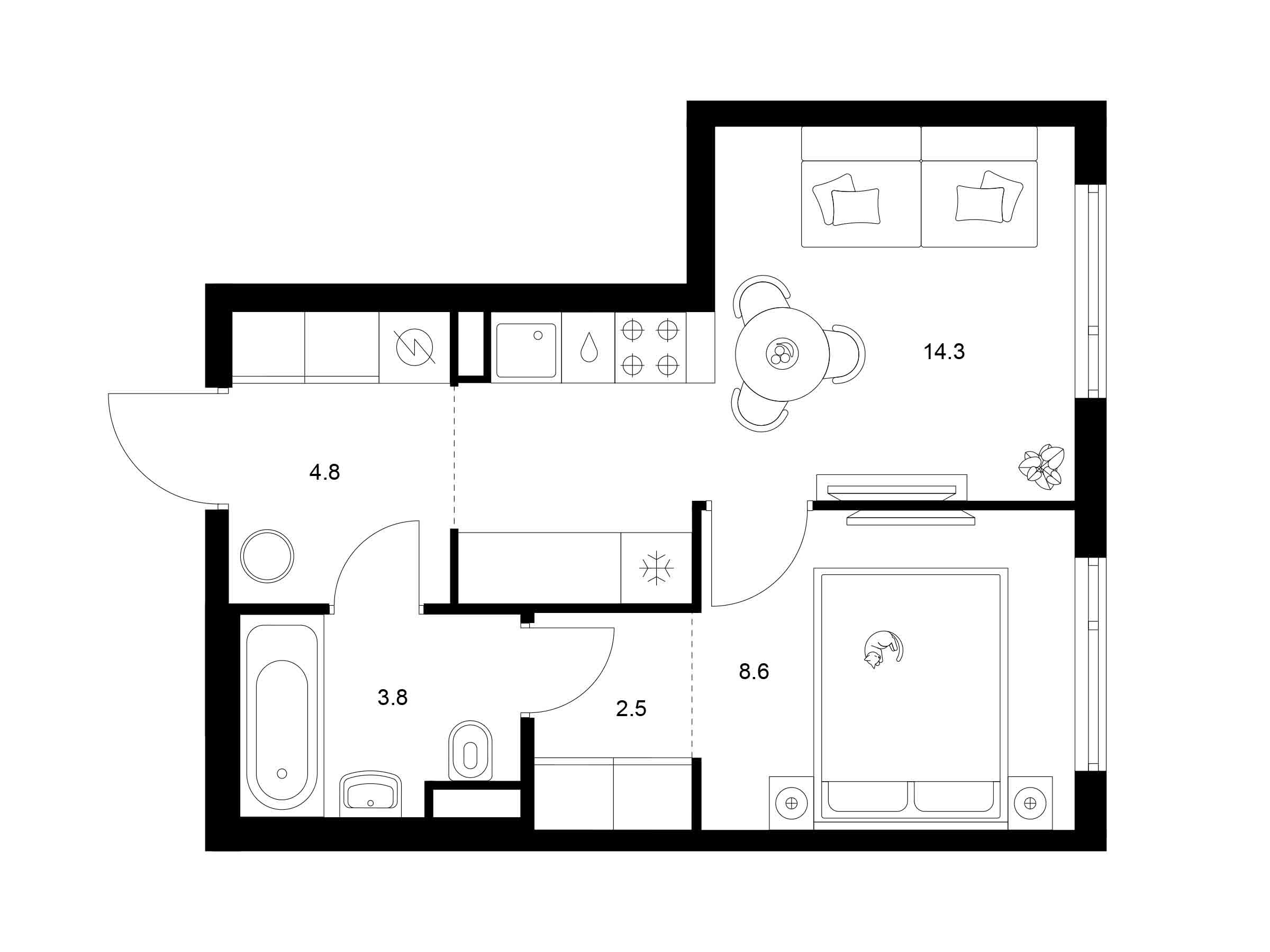 Планировка: 1-комн. квартира 34.00 м² в новостройке Руставели 14