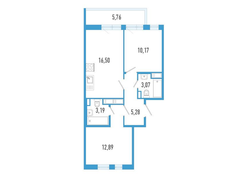 Планировка: 2-комн. квартира 52.83 м² в новостройке Аэросити