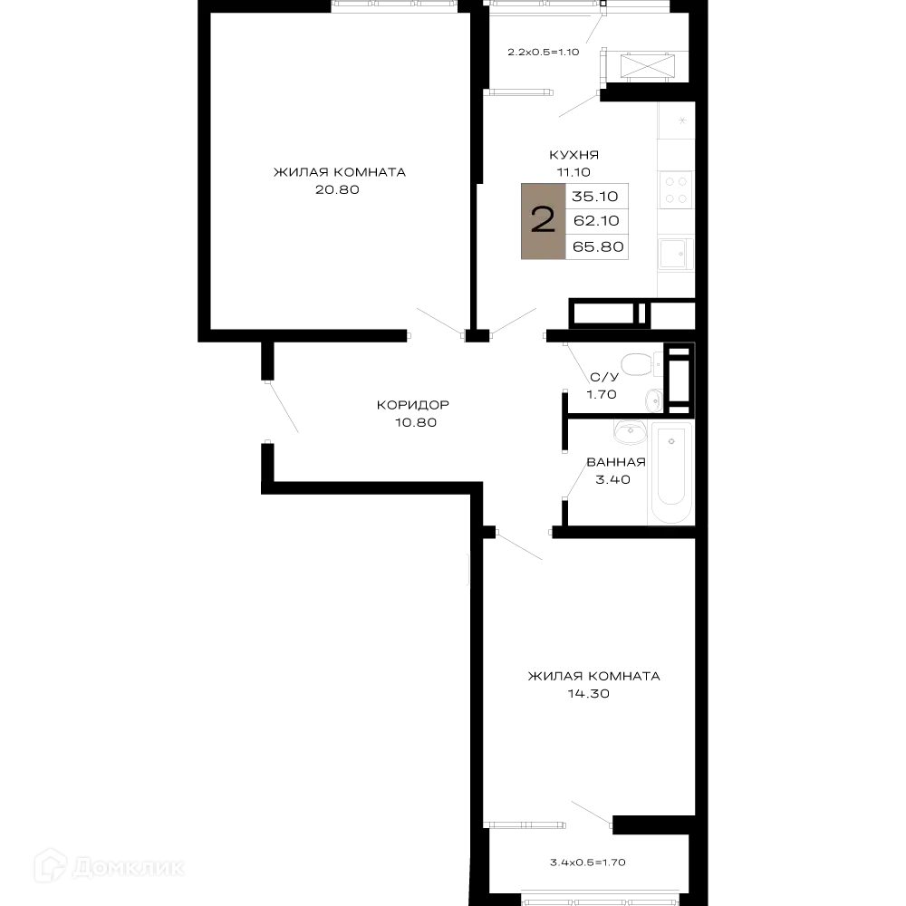 Планировка: 2-комн. квартира 65.40 м² в новостройке Сердце