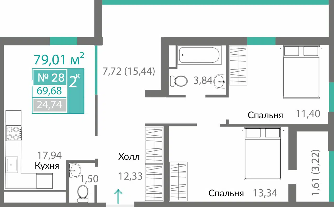 Планировка: 2-комн. квартира 69.68 м² в новостройке ЖК Горизонты-2