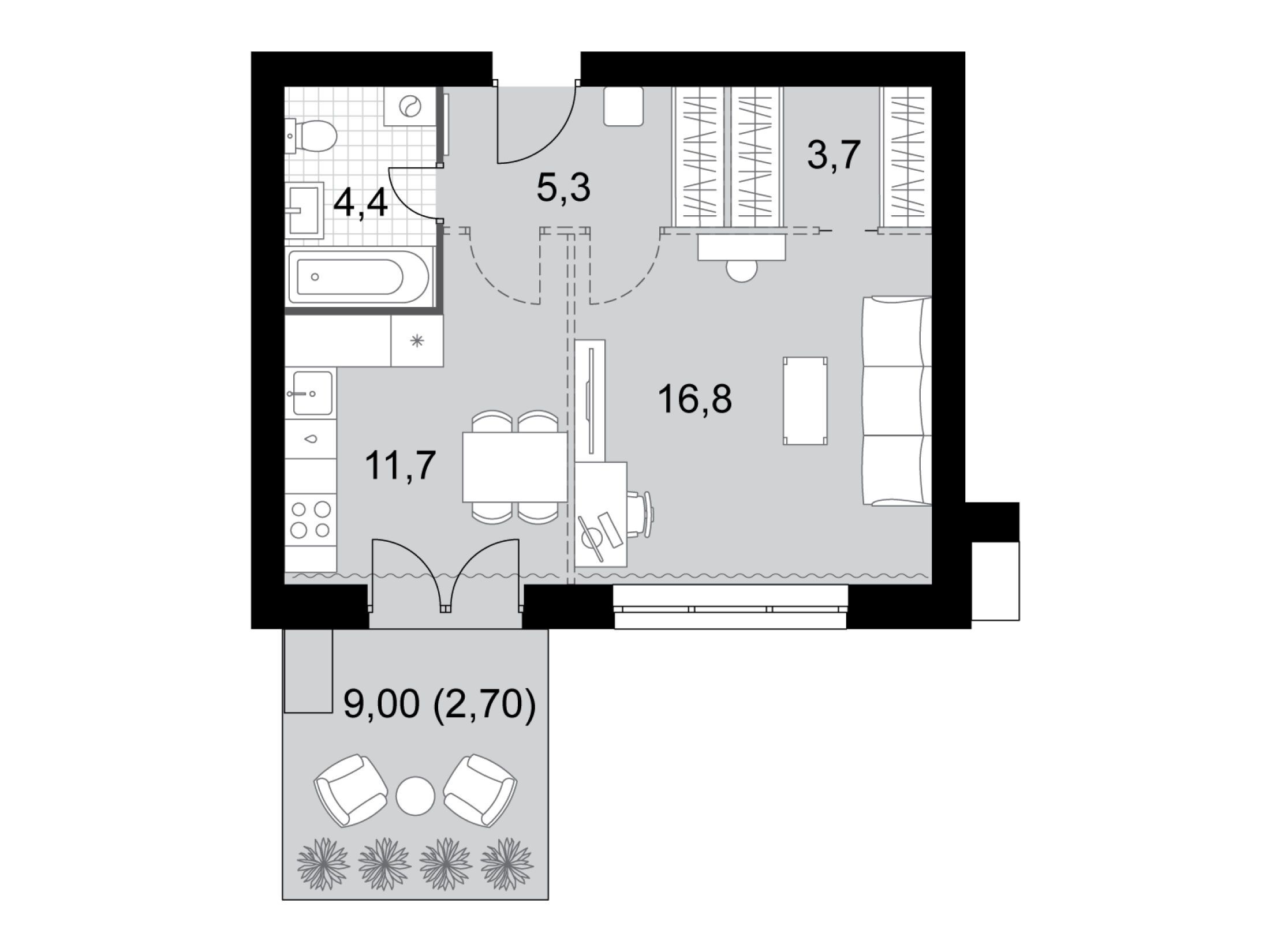 Планировка: 1-комн. квартира 44.60 м² в новостройке Дубровицы клаб