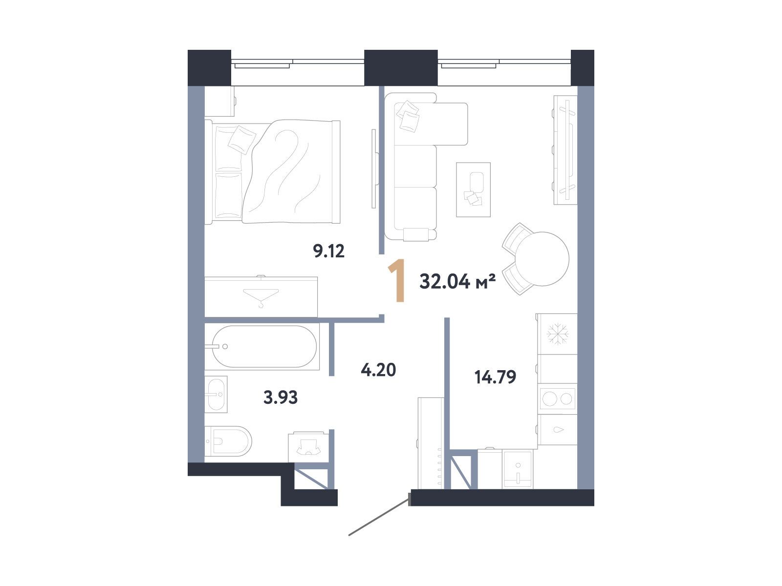 Планировка: 1-комн. квартира 32.04 м² в новостройке ЖК Репаблик