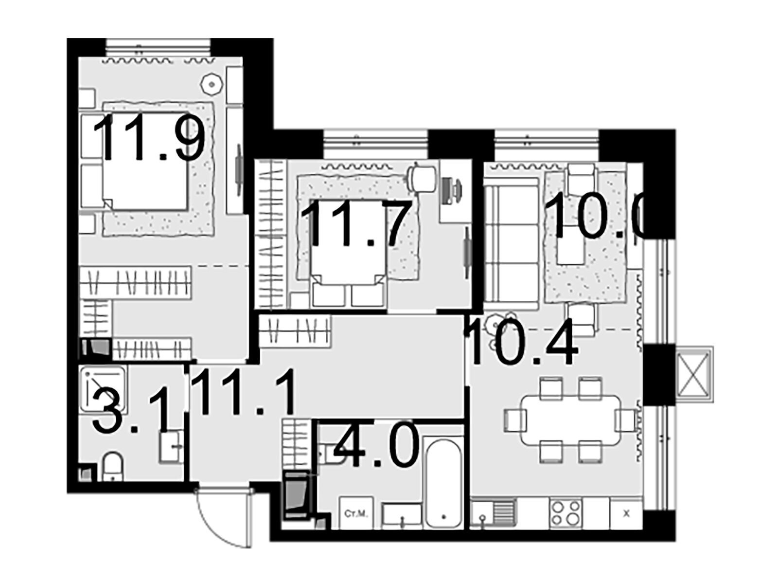 Планировка: 3-комн. квартира 66.10 м² в новостройке Малевич