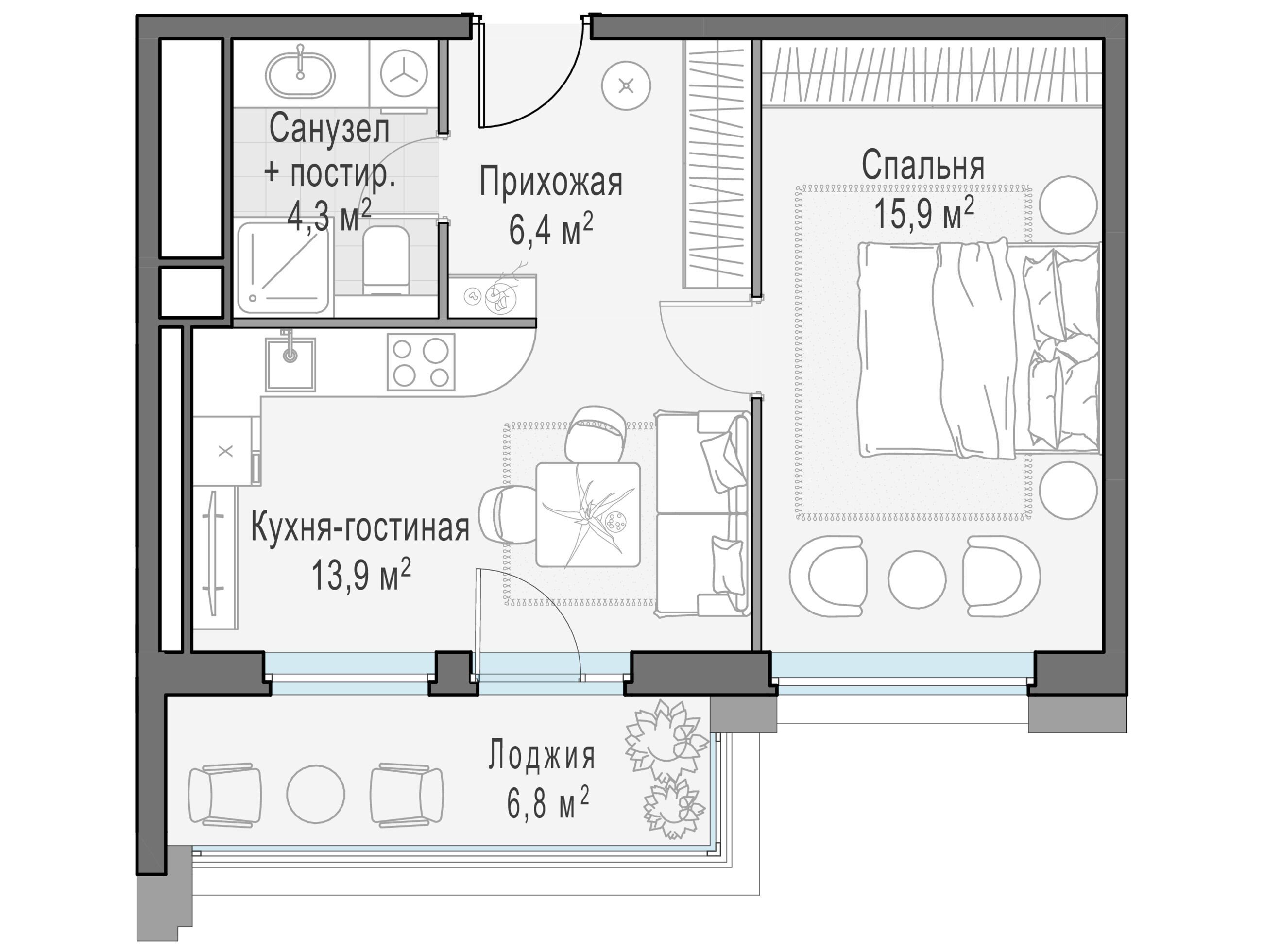 Планировка: 1-комн. квартира 44.70 м² в новостройке РиверСкай