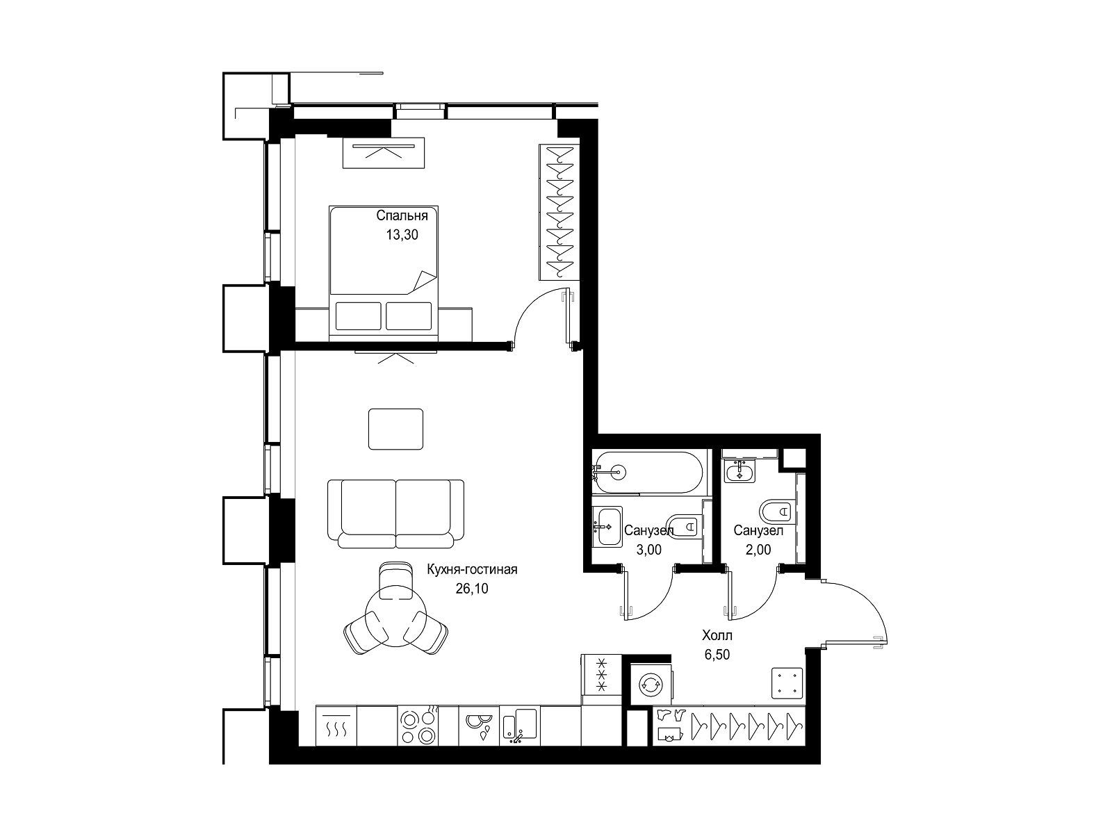 Планировка: 1-комн. квартира 50.90 м² в новостройке Ситидзен