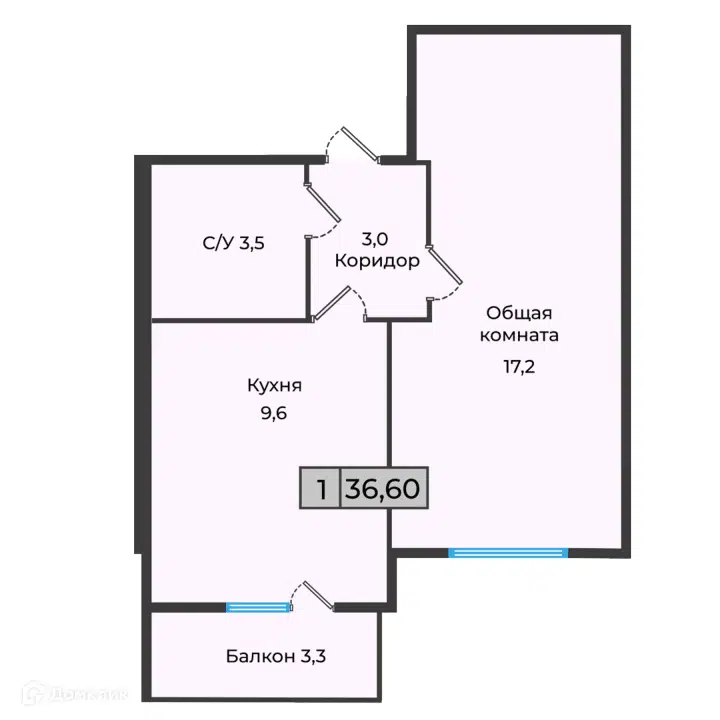 Планировка: 1-комн. квартира 34.95 м² в новостройке Станция Спортивная