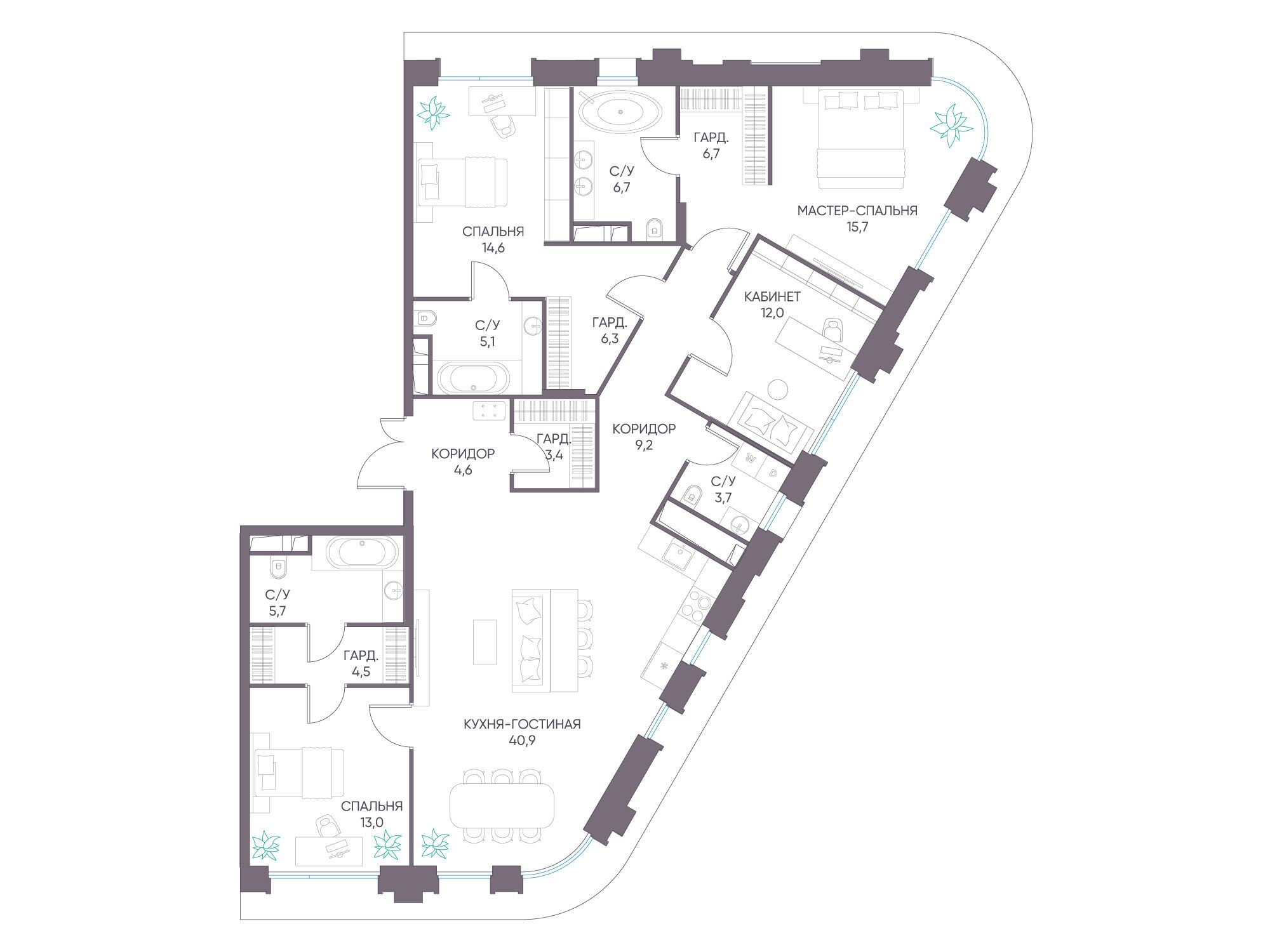 Планировка: 4-комн. квартира 152.10 м² в новостройке Дом XXII