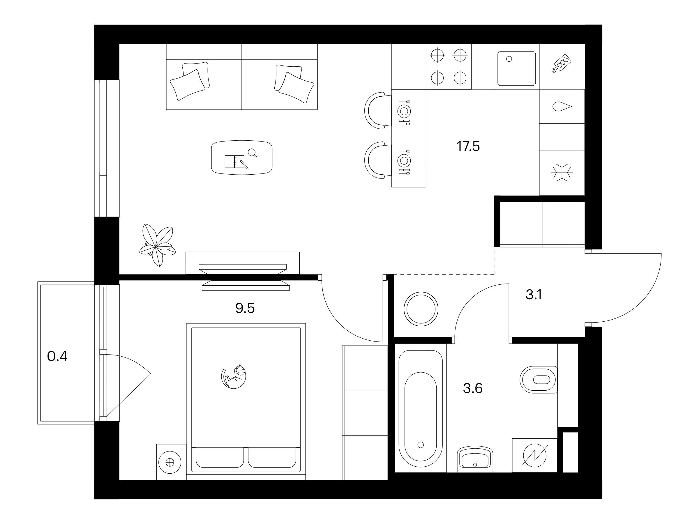 Планировка: 1-комн. квартира 34.10 м² в новостройке Лосиноостровский парк