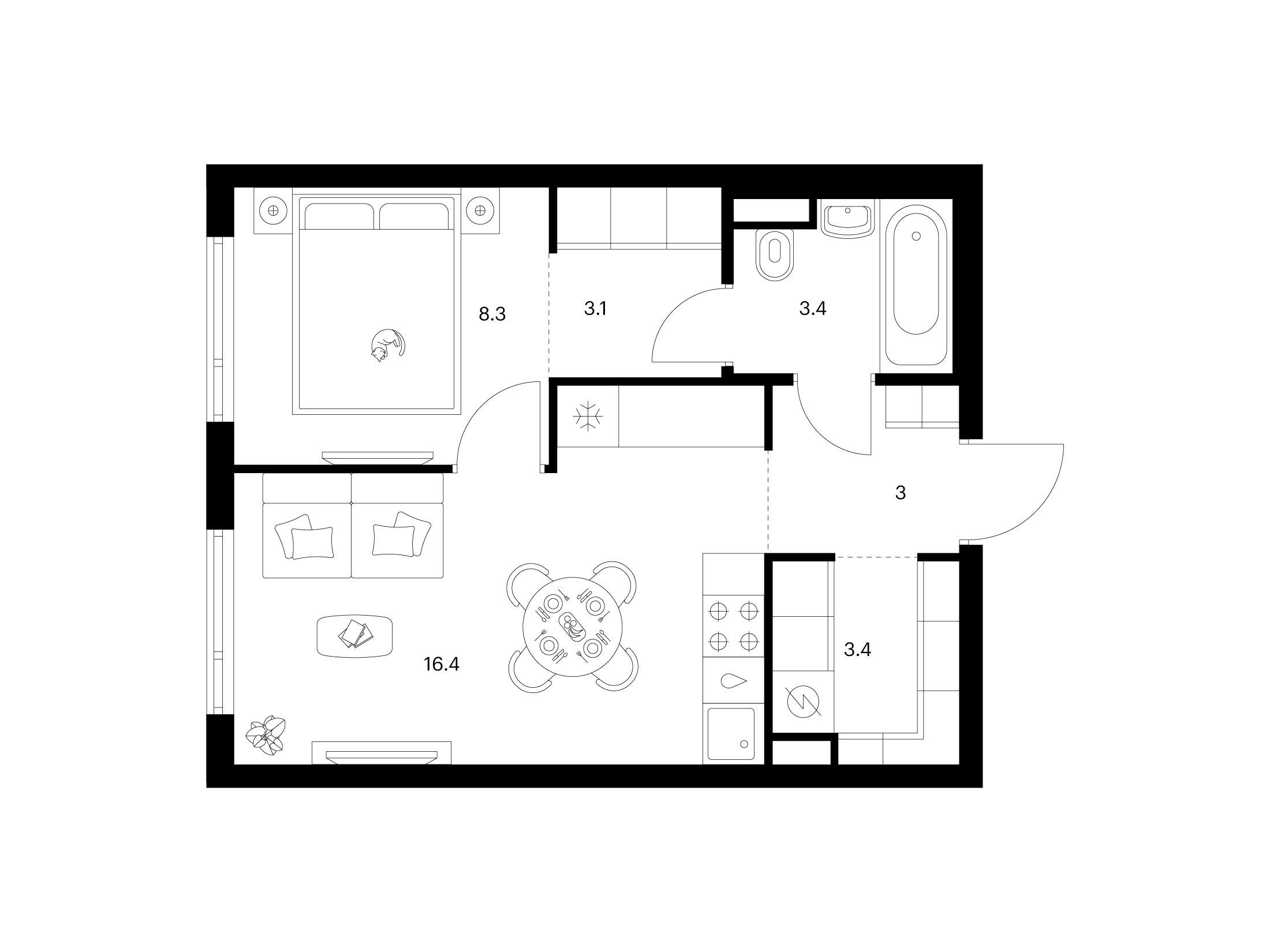 Планировка: 1-комн. квартира 37.60 м² в новостройке Руставели 14